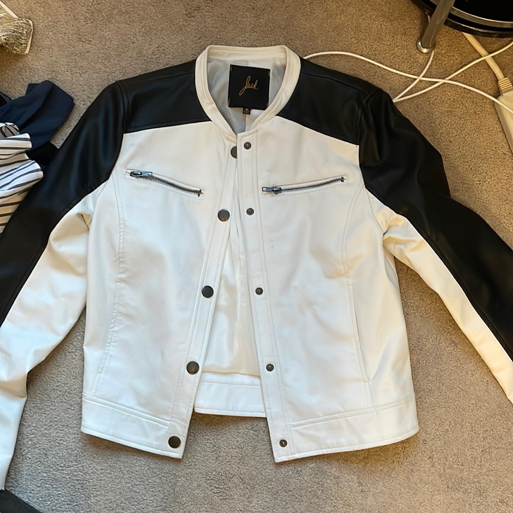 white and black leather jacket